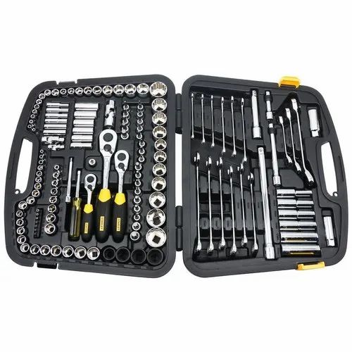 Stanley mechanic tool kit with sockets, wrenches, pliers, and screwdrivers in a hard case.