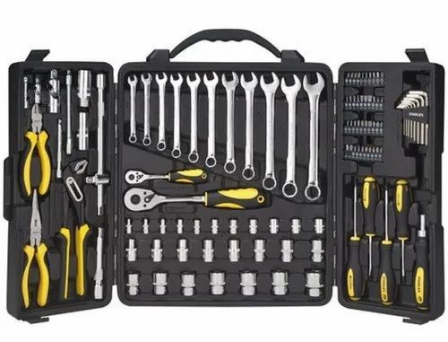 Stanley multi-tool kit with pliers, wrenches, screwdrivers, ratchets, and sockets organized in a durable carry case.